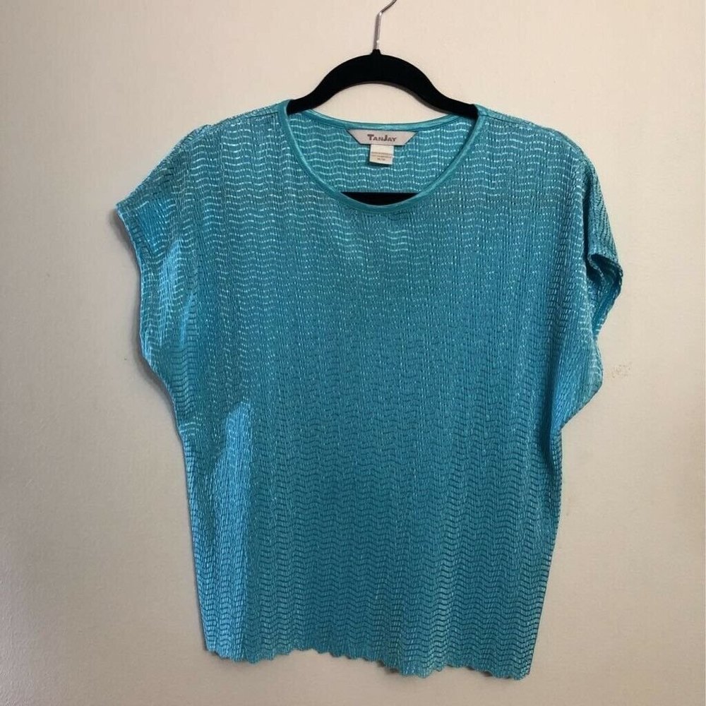 TanJay Women Crinkle Blouse Blue Chevron Mesh Cap